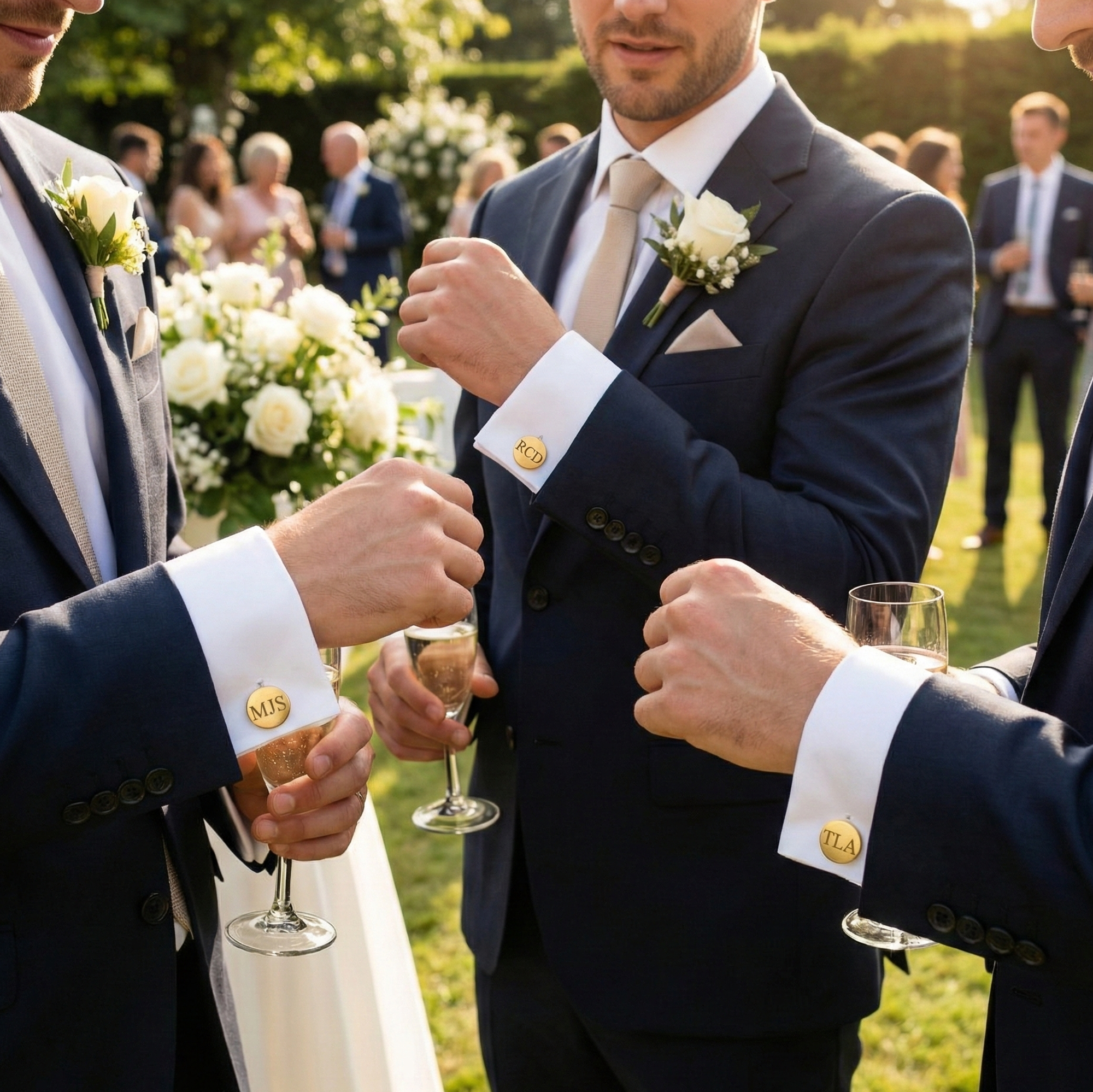 Three men in suits clinking glasses outdoors with floral arrangements and people in the background. Gold stainless steel engraved cufflinks personalized with custom initials or coordinates, featuring a sleek shinyt finish and contemporary square design, perfect for modern weddings, business attire, or a stylish personalized gift for men.