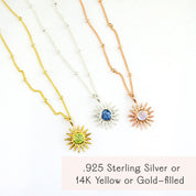 Gold, rose gold, and sterling silver sunburst pendant necklaces with aquamarine, opal, and garnet birthstones. Perfect zodiac, celestial, or bridesmaid jewelry gifts.