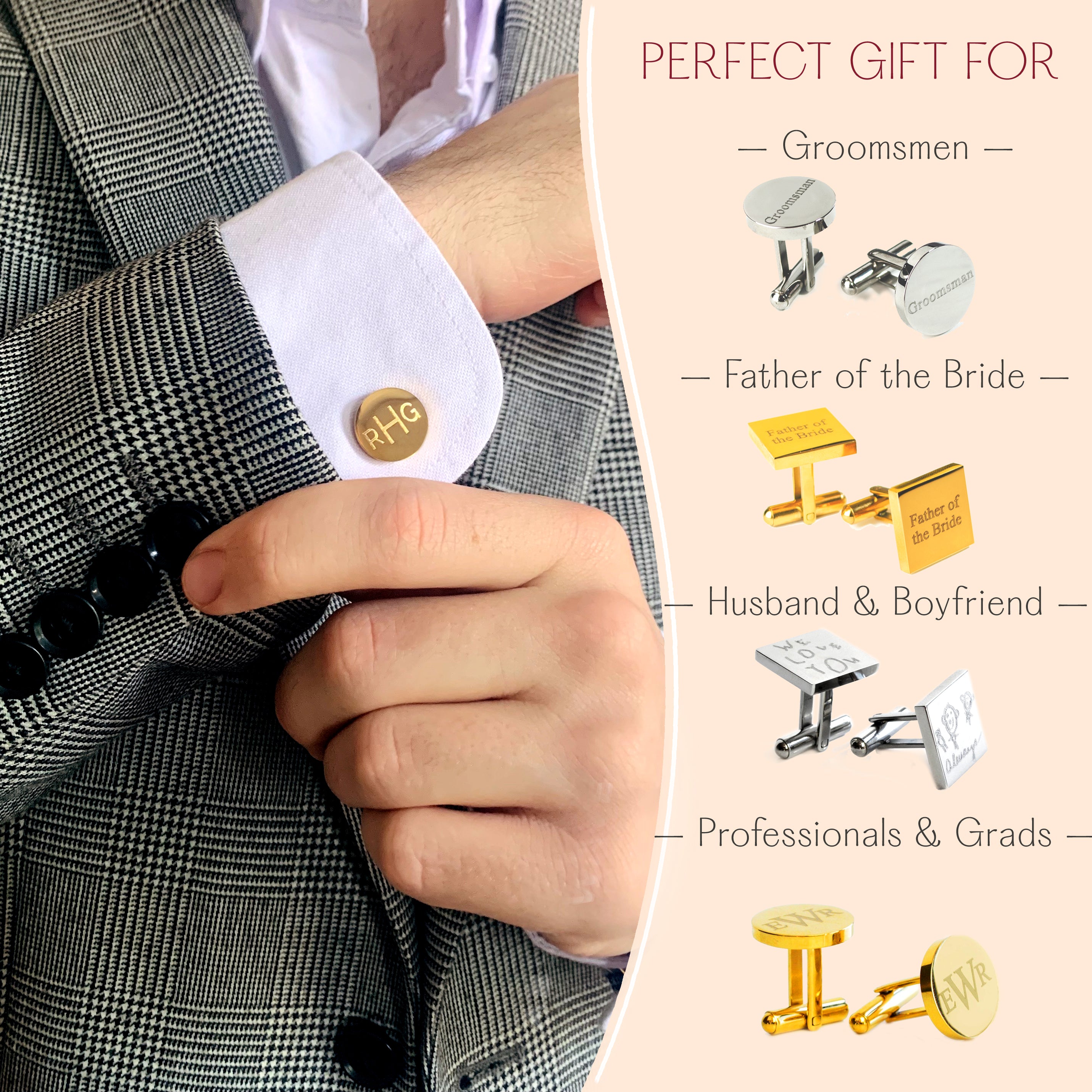 Engraved round cufflinks in silver with monogram initials, styled on shirt sleeve. Classic personalized men’s accessory for weddings, business, or formal occasions. Great as a groomsmen gift, Father of the Groom present, or anniversary keepsake.
