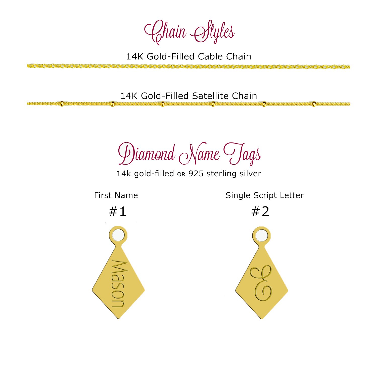 Gold filled cable and satellite chains are available for this style necklace. Diamond name tags can be engraved with a name or single script initial.