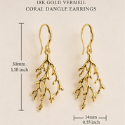 Gold coral dangle earrings shown in a split layout: the left side displays the earrings with size measurements and text reading '18K Gold Vermeil Coral Dangle Earrings,' and the right side shows a hand holding the earrings for scale and style context.