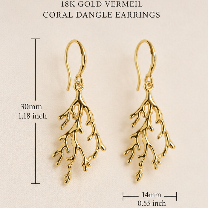 Gold coral dangle earrings shown in a split layout: the left side displays the earrings with size measurements and text reading '18K Gold Vermeil Coral Dangle Earrings,' and the right side shows a hand holding the earrings for scale and style context.
