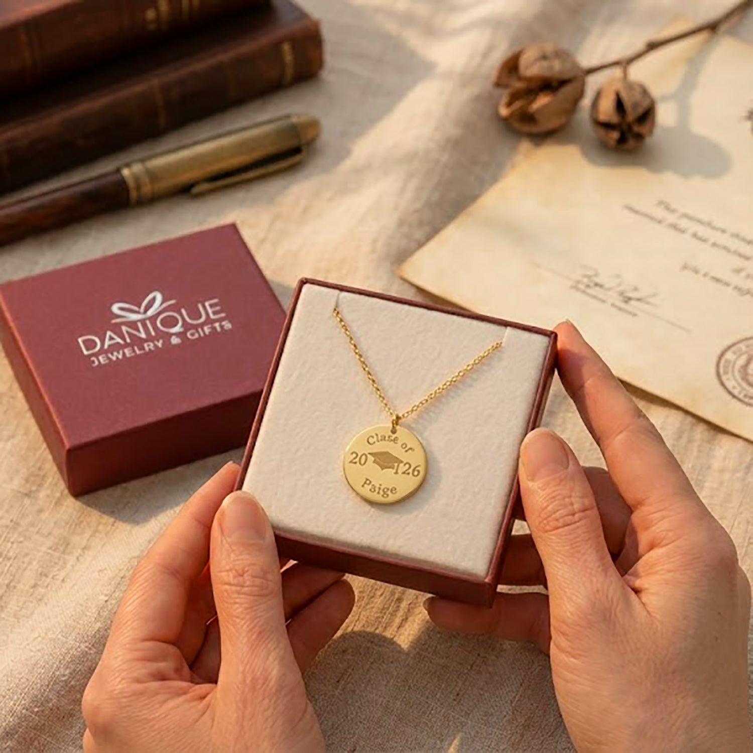 Danique Jewelry gift box with personalized graduation disc necklace, ready for gifting to a high school or college graduate.
