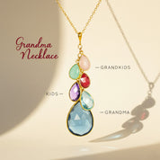 Personalized grandma necklace with birthstones in a family tree–inspired cascade teardrop design, handcrafted in sterling silver or gold vermeil. Each gemstone represents children and grandchildren, making this a meaningful grandmother birthstone necklace and perfect family tree jewelry gift for Mother’s Day or new moms.