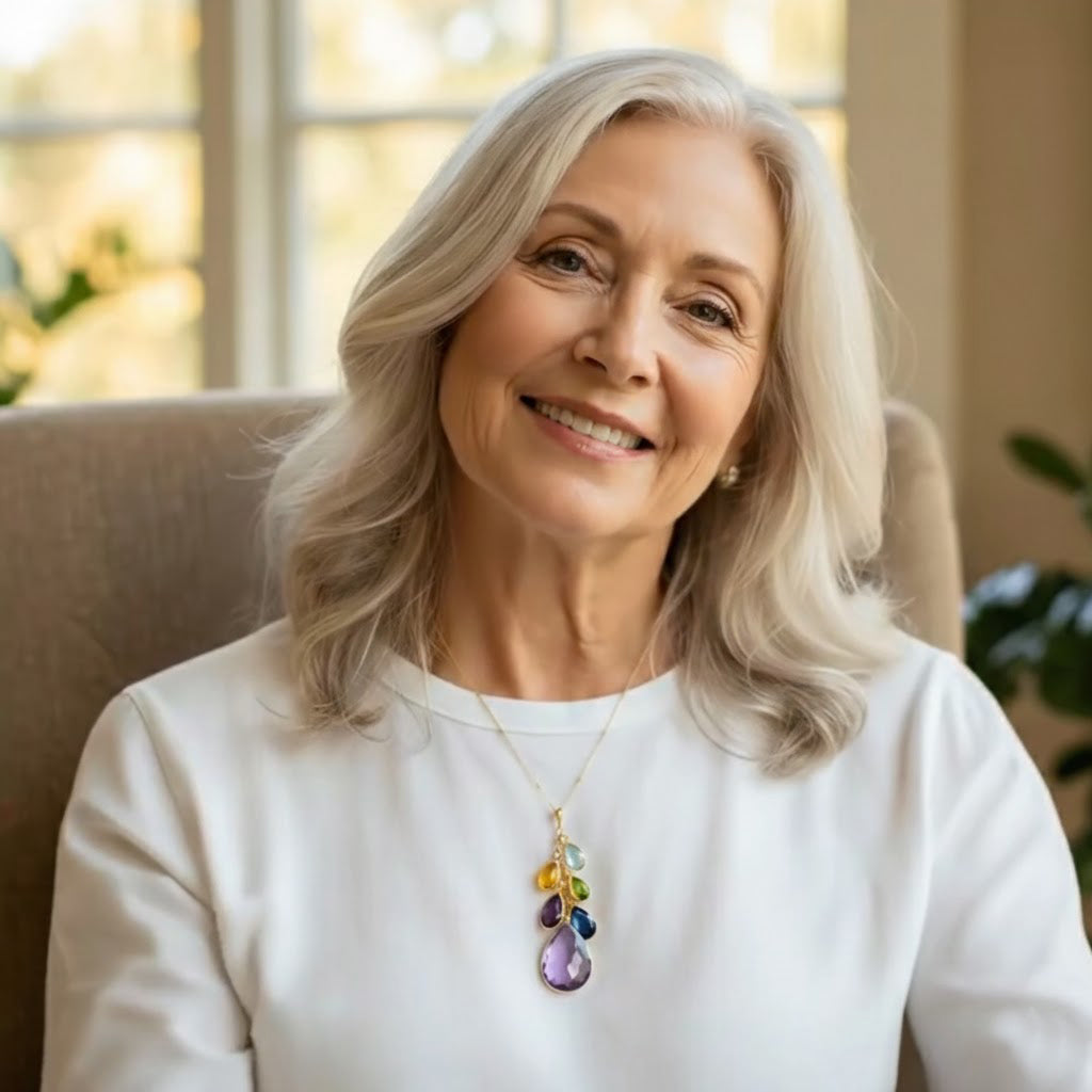 Grandmother wearing a personalized birthstone necklace with family gemstones, custom grandma necklace gift celebrating children and grandkids, elegant gold birthstone jewelry