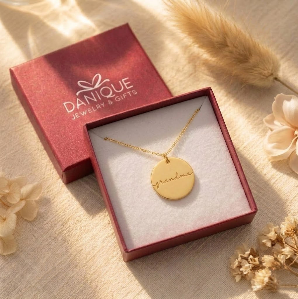 custom grandma necklace with 19mm round charm engraved on one or both sides, minimalist family jewelry gift