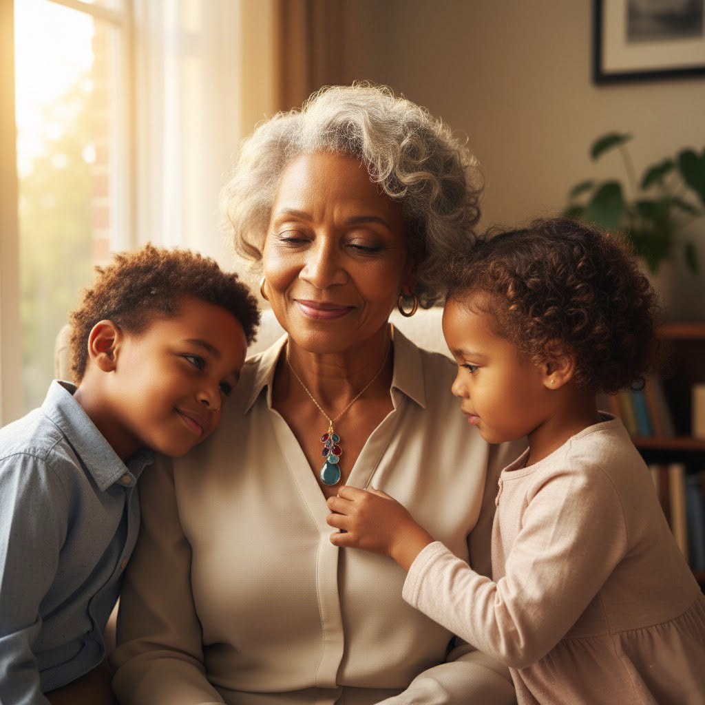 Grandma with grandchildren wearing a custom birthstone necklace, sentimental grandmother jewelry gift with family birthstones, personalized necklace for grandma