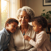 Grandma with grandchildren wearing a custom birthstone necklace, sentimental grandmother jewelry gift with family birthstones, personalized necklace for grandma