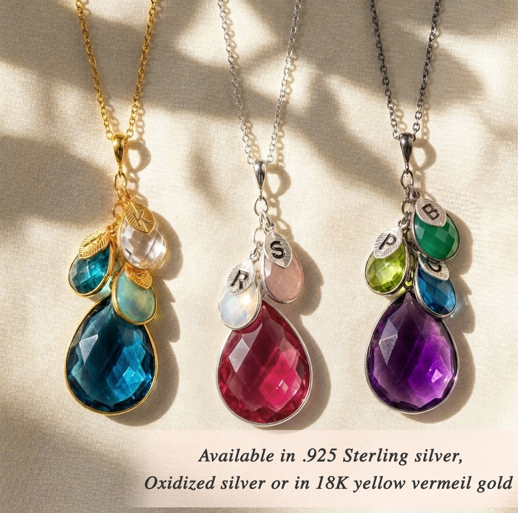 Mother's Necklace with Children's Birthstones & Leaf Initials, Personalized Mother's Cascade Necklace, Sterling Silver or Gold, Birthday Gift for Mom