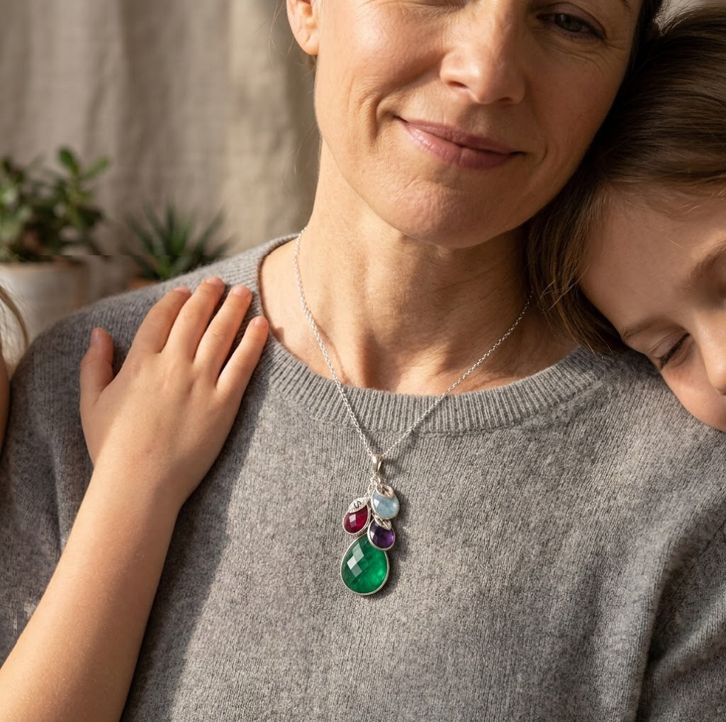 Mother's Necklace with Children's Birthstones & Leaf Initials, Personalized Mother's Cascade Necklace, Sterling Silver or Gold, Birthday Gift for Mom
