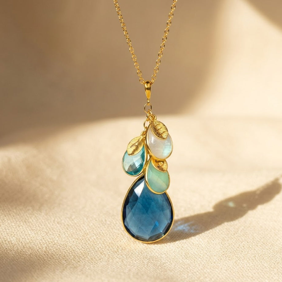Mother's Necklace with Children's Birthstones & Leaf Initials, Personalized Mother's Cascade Necklace, Sterling Silver or Gold, Birthday Gift for Mom