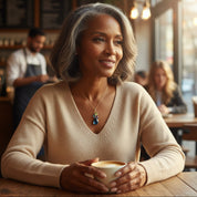 elegant grandmother enjoying coffee in a cozy café while wearing a multi birthstone family necklace, featuring a cascading teardrop pendant with deep blue, green and red gemstones on a delicate gold chain against a soft beige sweater, meaningful grandma jewelry that can represent children and grandchildren, perfect gift idea for Mother’s Day, birthday, Christmas or milestone celebrations for stylish, sentimental grandmothers