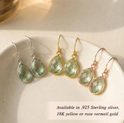 Set of green amethyst teardrop earrings in sterling silver and gold settings, faceted prasiolite gemstone drop earrings available in different metal options.