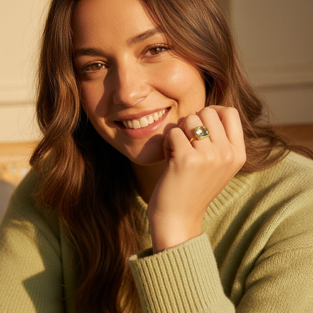 Close-up portrait of woman wearing cushion cut green amethyst ring in polished gold bezel setting, February birthstone prasiolite gemstone glowing softly, square sage green gemstone ring, minimalist fine jewelry, dainty stacking gold ring, elegant handcrafted birthstone jewelry for women