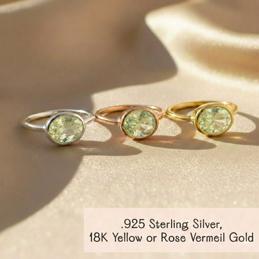 Green amethyst oval bezel set ring shown in sterling silver and gold vermeil, February birthstone gemstone ring comparison, minimalist stackable rings in multiple metal finishes