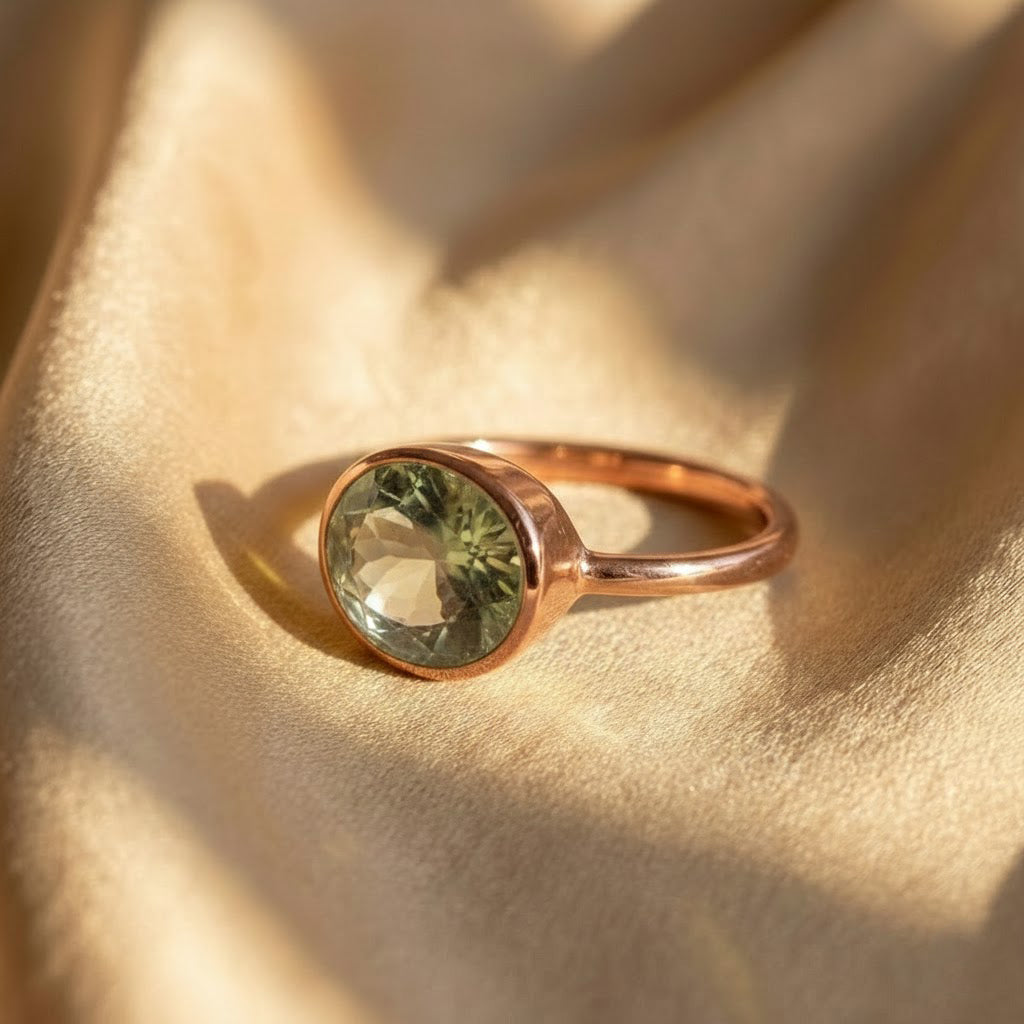 Oval Green Amethyst Ring, Bezel Set February Birthstone Ring in Sterling Silver, Gold or Rose Gold