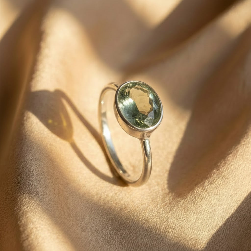 Oval Green Amethyst Ring, Bezel Set February Birthstone Ring in Sterling Silver, Gold or Rose Gold