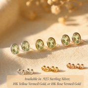Oval birthstone stud earrings shown in sterling silver, yellow vermeil gold, and rose vermeil gold with 8x12mm gemstones.