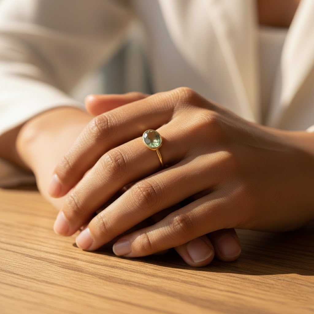 Green amethyst oval ring shown worn on hand, highlighting the bezel-set February birthstone gemstone. Dainty prasiolite ring designed for everyday elegance, stacking, or minimalist styling. Handcrafted birthstone jewelry made in sterling silver or gold vermeil, ideal as a meaningful birthday, anniversary, or Valentine’s Day gift.