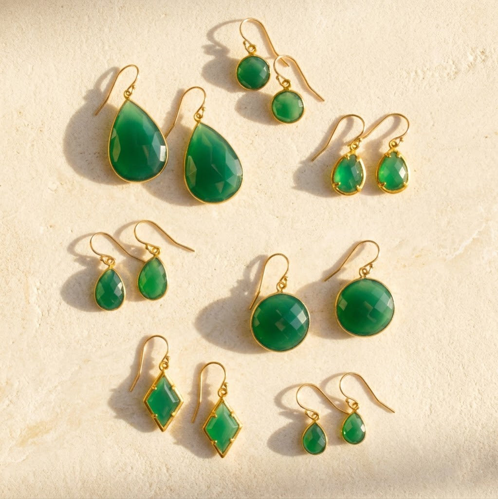 green onyx earrings gold set teardrop round may birthstone earrings emerald green gemstone jewelry