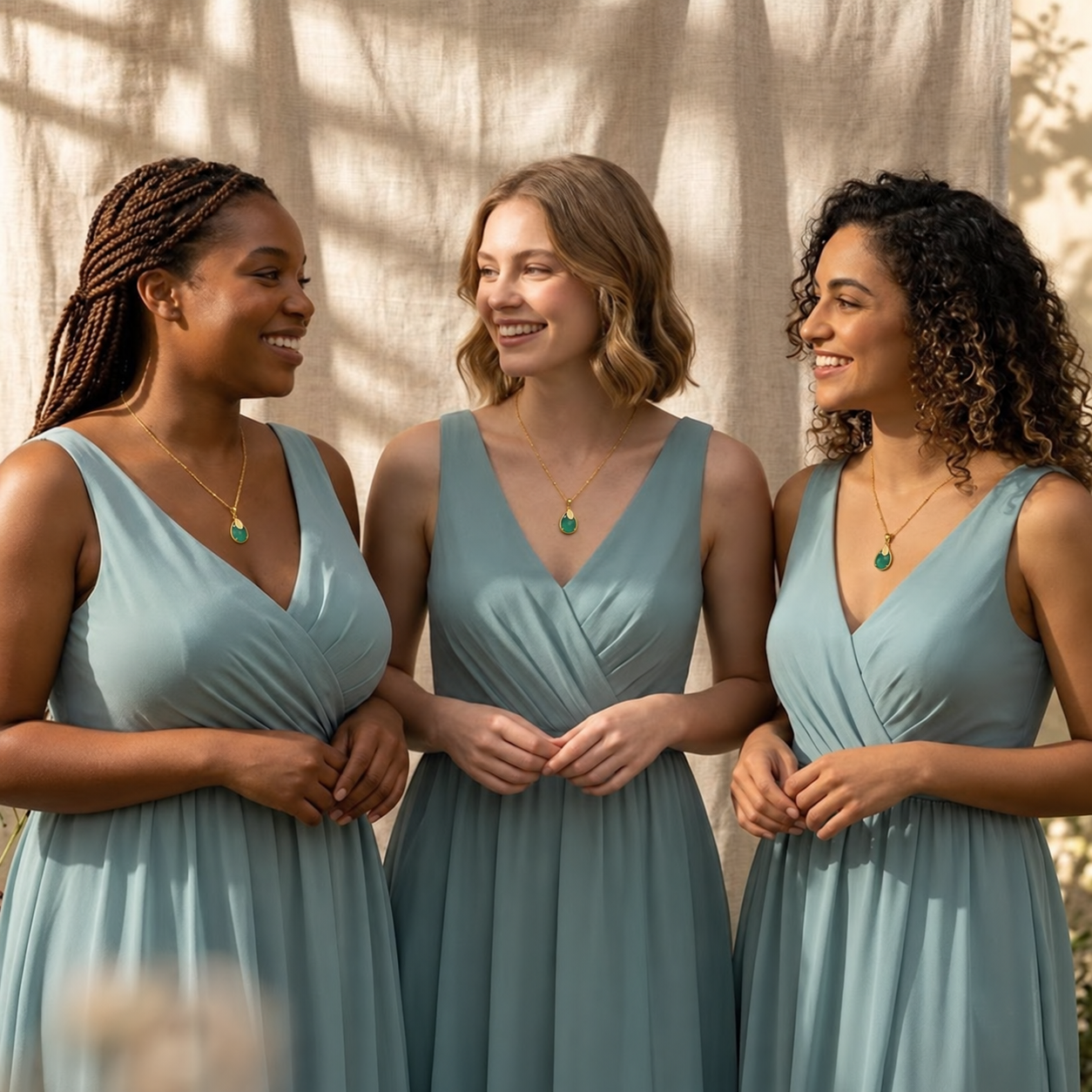 Bridesmaids wearing personalized Green Onyx birthstone necklaces as matching bridal party jewelry.
