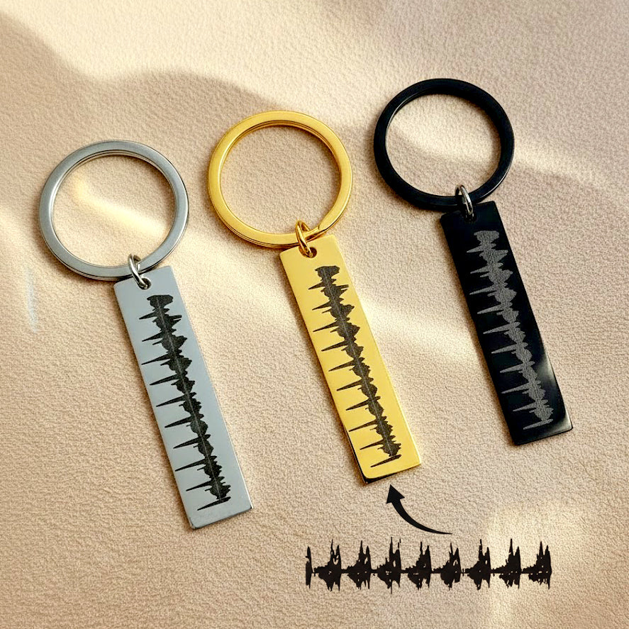 Custom engraved heartbeat keychain made from real ultrasound image, shown in stainless steel, gold tone, and black finishes. Personalized baby heartbeat keepsake designed as a meaningful pregnancy gift, new mom gift, or memorial heartbeat keychain.