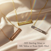 Three elegant engraved bar necklaces in rose gold, yellow gold, and sterling silver tones displayed side by side, featuring delicate soundwave designs symbolizing a baby’s first heartbeat. These heartbeat jewelry pieces are meaningful keepsakes for mothers and families, making a thoughtful pregnancy gift, remembrance jewelry, or personalized push present handcrafted with love and precision.