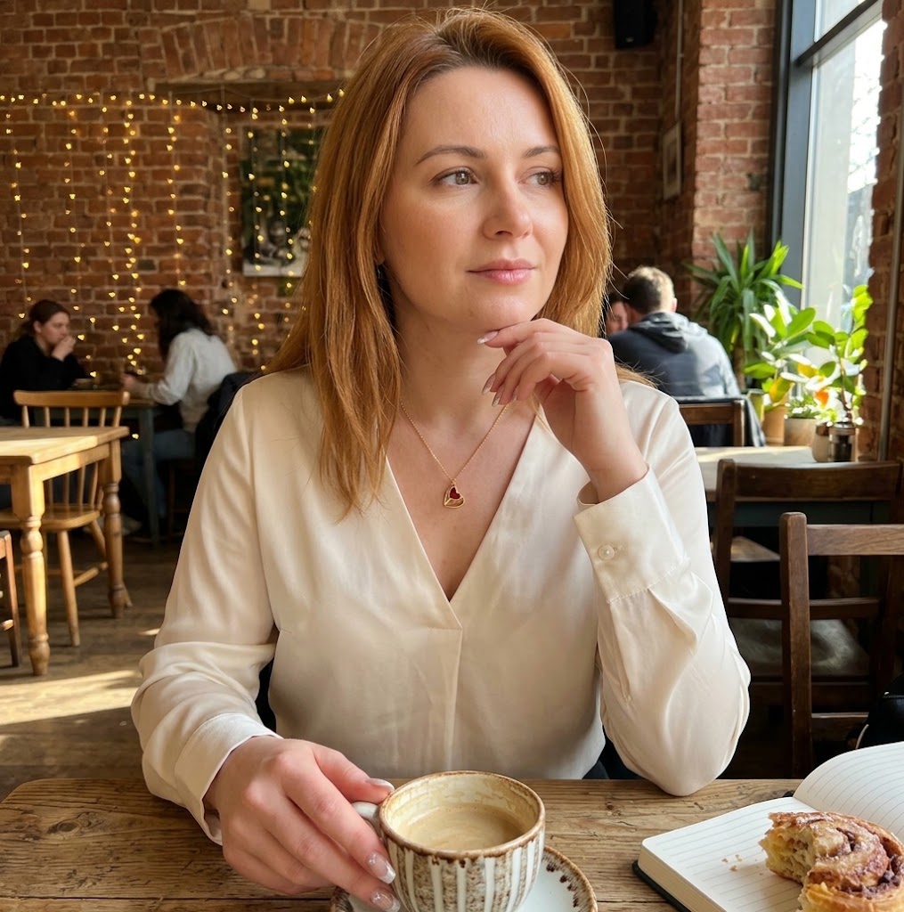 Woman wearing Burgundy double heart necklace in cafe setting

