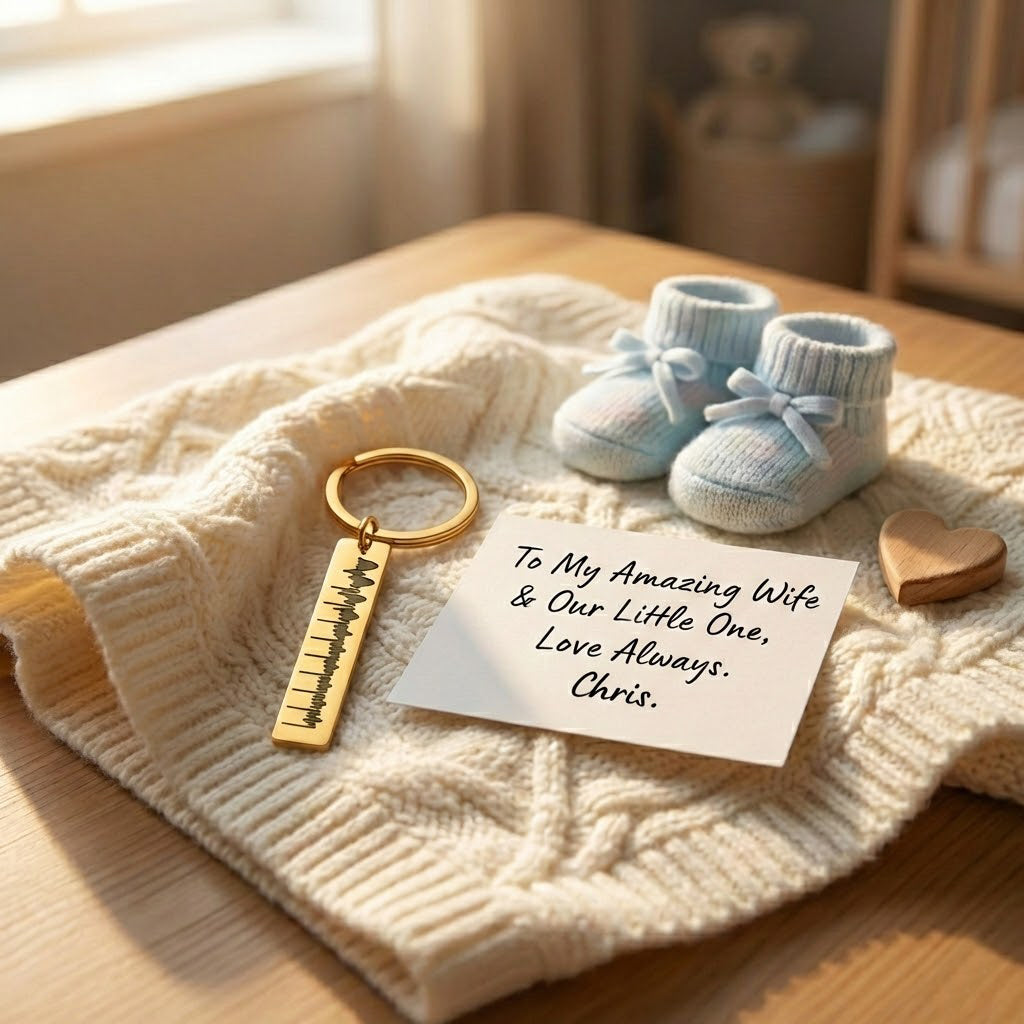 Hands holding ultrasound photo next to engraved heartbeat keychain, showing transformation from baby ultrasound to soundwave engraving. Personalized pregnancy gift and baby heartbeat keepsake for mom-to-be.