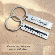 Engraved heartbeat keychain showing front heartbeat soundwave and optional back engraving text. Personalized pregnancy keepsake keychain made from baby ultrasound heartbeat image.