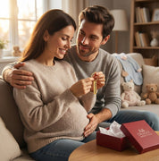 Expecting couple opening custom heartbeat keychain together, reacting emotionally to baby heartbeat keepsake. Meaningful pregnancy gift for parents-to-be and sentimental ultrasound jewelry.