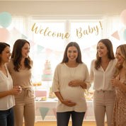 Mom-to-be at her baby shower wearing a custom engraved heartbeat necklace, standing with friends in front of “Welcome Baby” décor, pastel balloons and cake table. Dainty gold bar pendant features heartbeat engraving and personalized message, a meaningful maternity gift and keepsake jewelry for pregnancy announcement, gender reveal, or baby shower celebration.