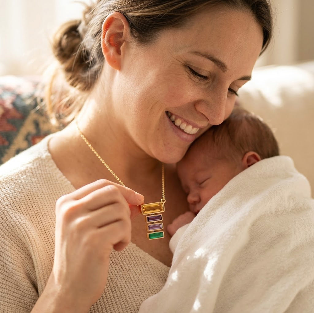 Mother holding her baby while wearing a custom family birthstone necklace with three stacked baguette gemstone charms.