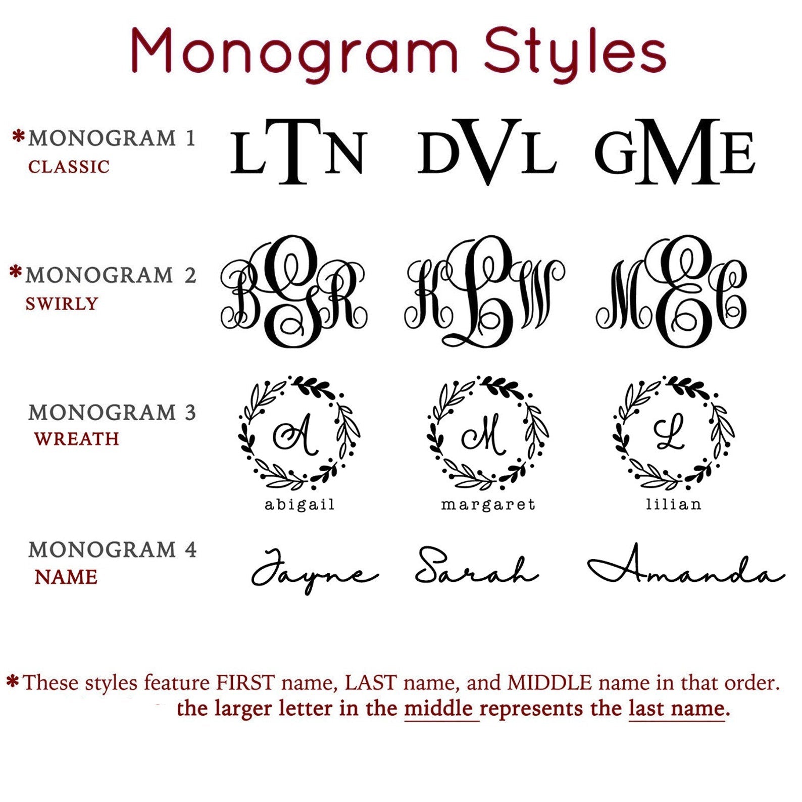 We have 4 monogram styles available to be engraved on these cross body bags. The available styles are Classic, Swirly, Wreath and Name. These elegant designs are sure to make an impression wherever you go!