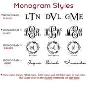 We have 4 monogram styles available to be engraved on these cross body bags. The available styles are Classic, Swirly, Wreath and Name. These elegant designs are sure to make an impression wherever you go!