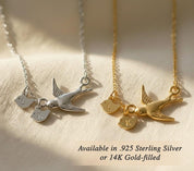 Mama bird necklace shown in sterling silver and 14K gold-filled versions with tiny baby bird charms engraved with initials. Personalized family necklace symbolizing children, motherhood, and love.