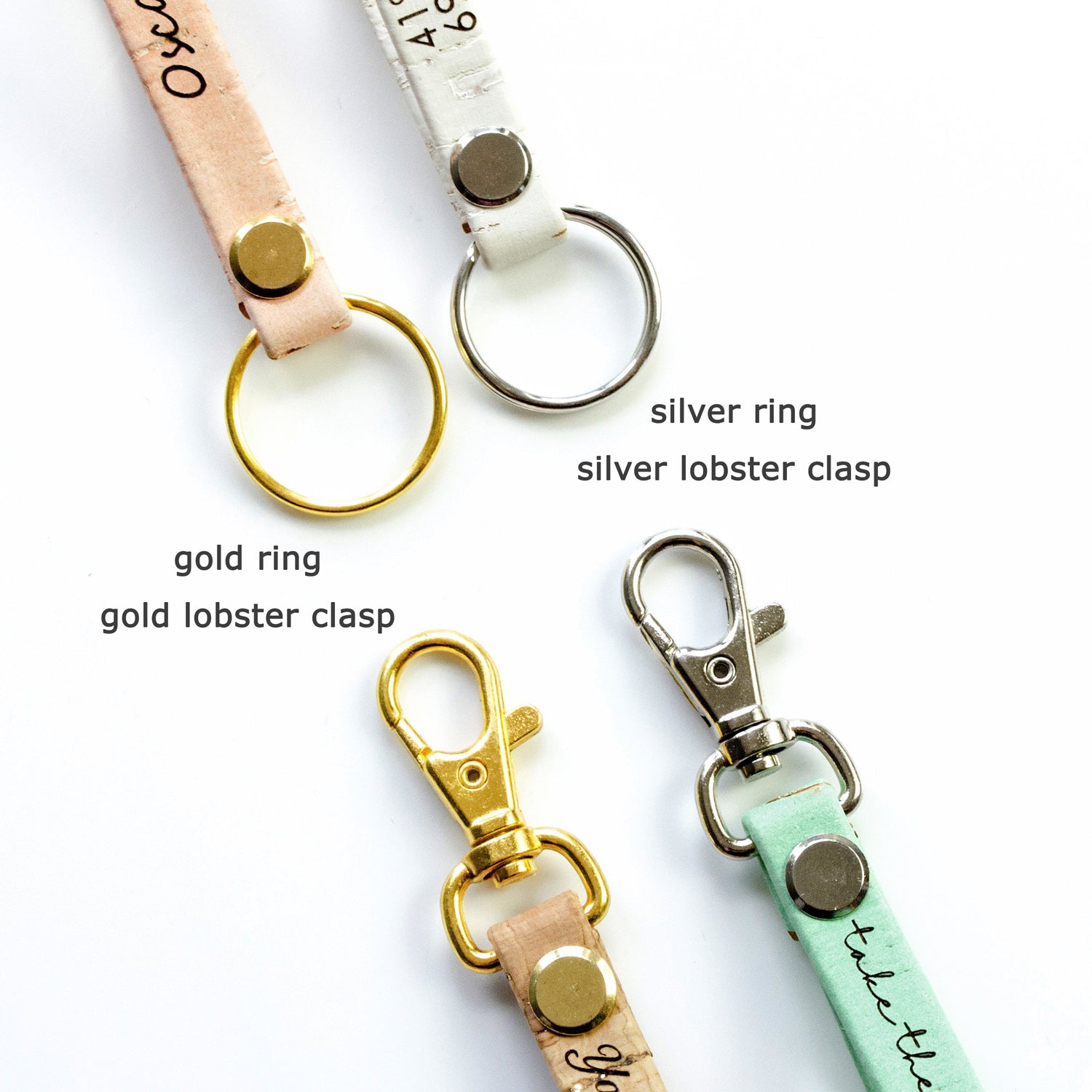 Leather and cork keychain clasp options available are silver and gold rings or lobster clasps.