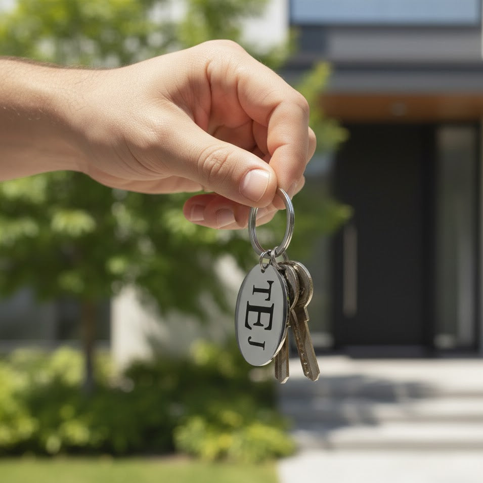 Close-up of engraved oval keychain held outdoors, featuring personalized text or signature engraving on a polished stainless steel surface. Durable key ring and optional double-sided engraving available. Supports actual handwriting, signatures, monograms, fingerprints, children’s drawings, or memorial notes. Perfect custom gift for dads, moms, partners, grandparents, or friends for birthdays, anniversaries, Christmas, Father’s Day, Mother’s Day, and sentimental occasions.