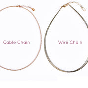 Two chain options for Necklace include an adjustable rose gold cable chain and an adjustable brown painted steel wire chain with rose gold plated parts