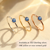 Three dainty kyanite rings in sterling silver, yellow gold and rose gold, September birthstone sapphire alternative rings
