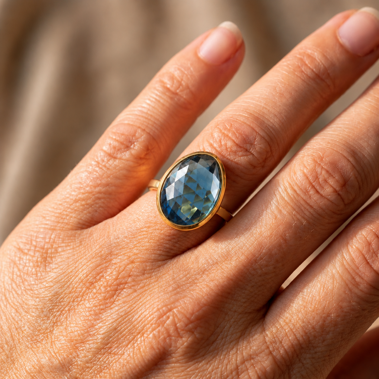 Woman wearing a large blue Kyanite teardrop ring in yellow gold vermeil on her hand.
