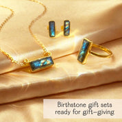 Gold labradorite necklace with custom engraved sides, modern bar pendant jewelry gift for women