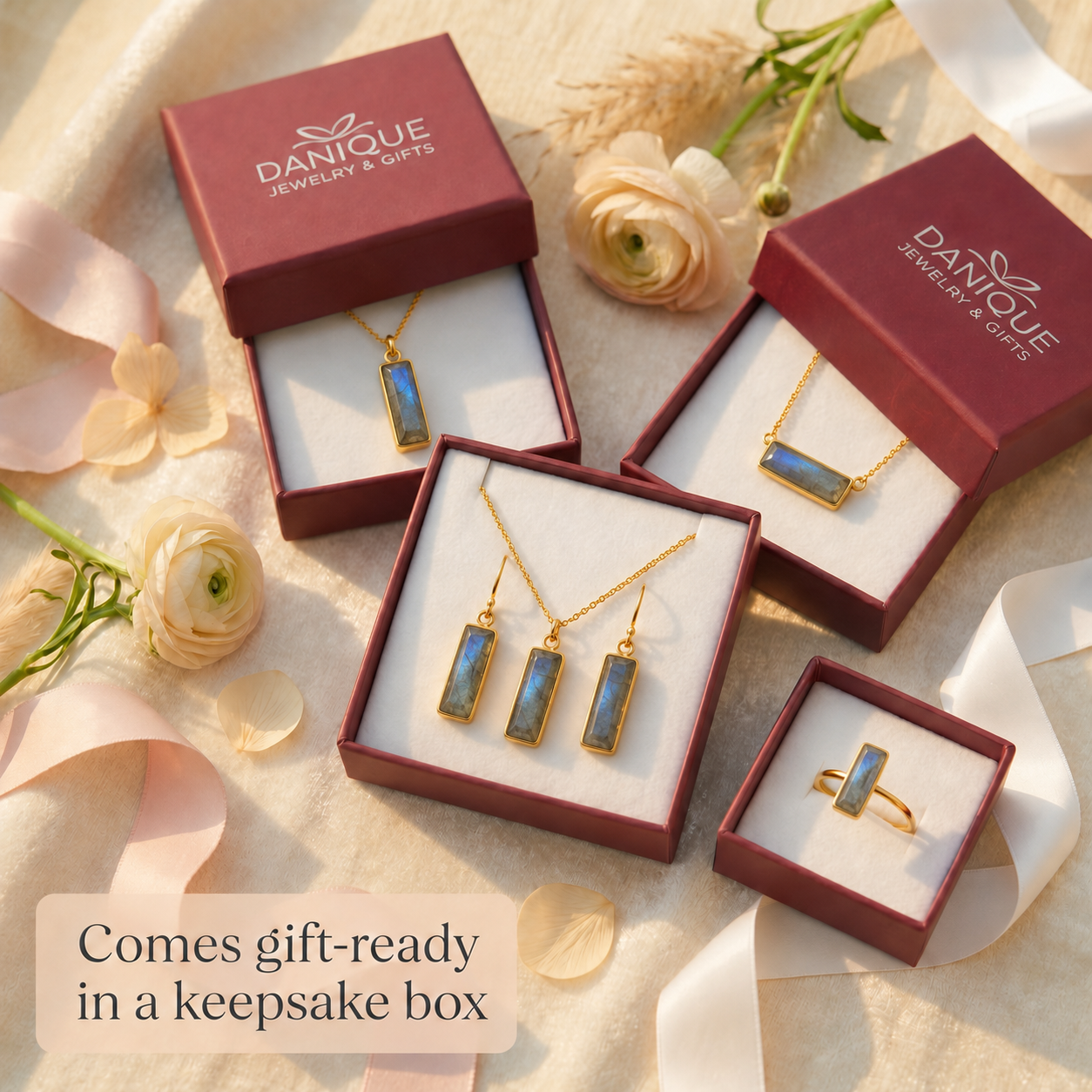 Personalized gemstone necklaces packaged in Danique Jewelry gift boxes ready for gifting