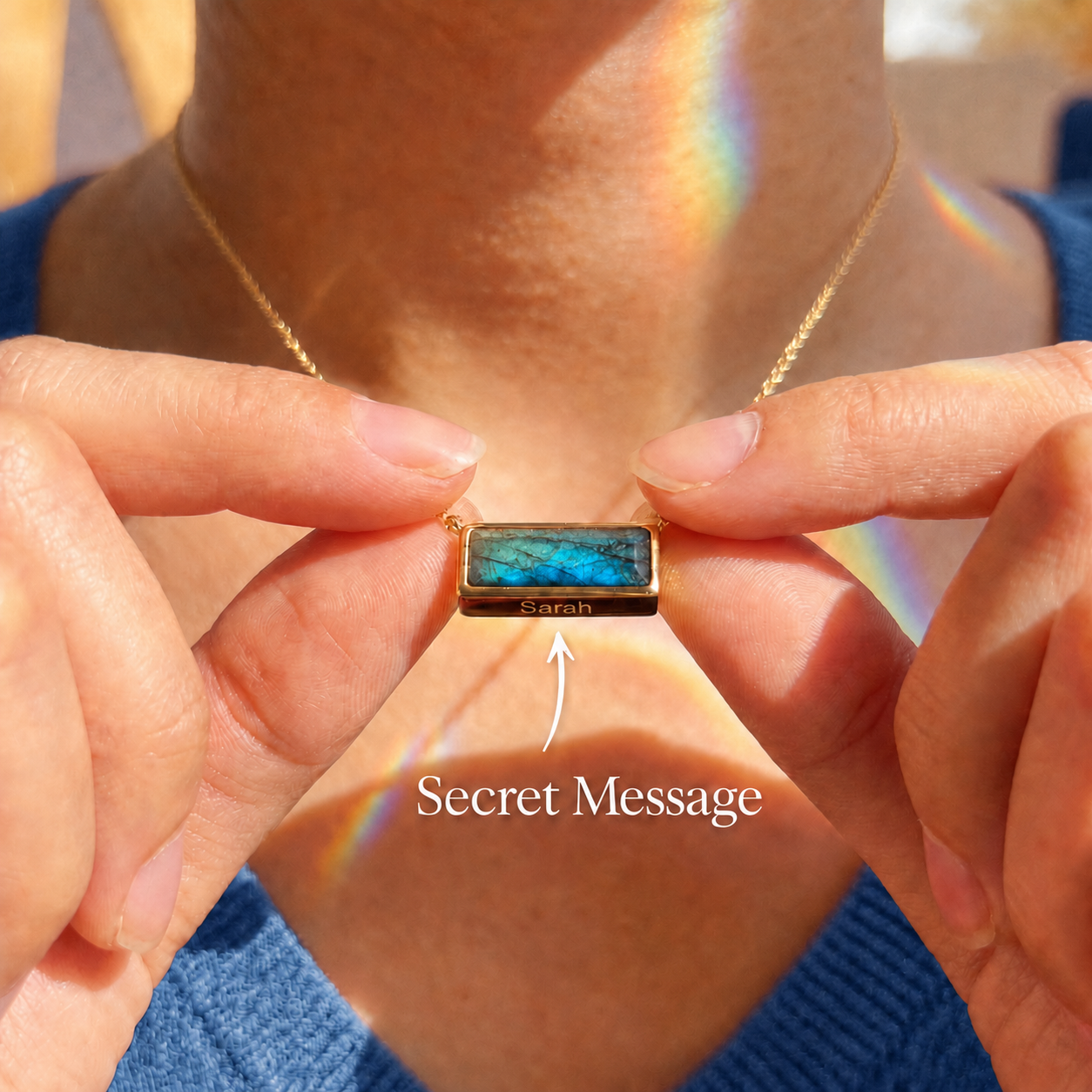 Personalized labradorite bar necklace with hidden engraved message on a gold chain worn by a woman