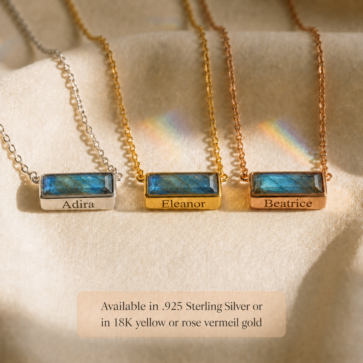 Custom engraved gemstone bar necklaces in sterling silver, yellow gold and rose gold finishes