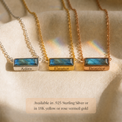 Custom engraved gemstone bar necklaces in sterling silver, yellow gold and rose gold finishes