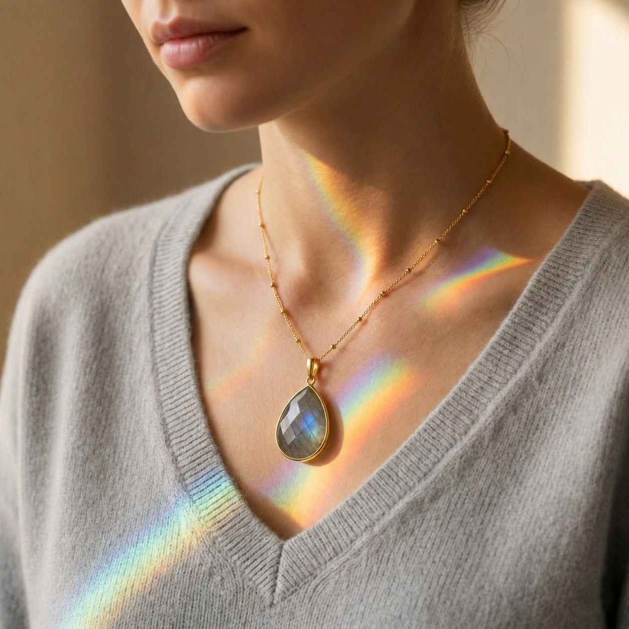 Woman wearing a faceted teardrop labradorite pendant necklace with a gray V-neck sweater.
