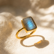 Labradorite rectangle ring in gold with natural blue flash 8x11mm gemstone.