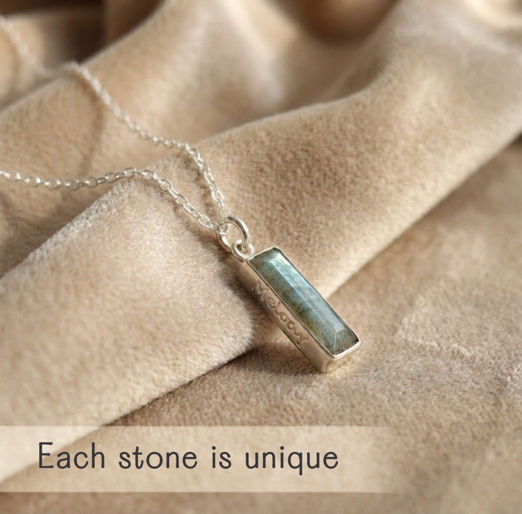 Vertical labradorite necklace with name or date engraving, elegant custom pendant necklace for her