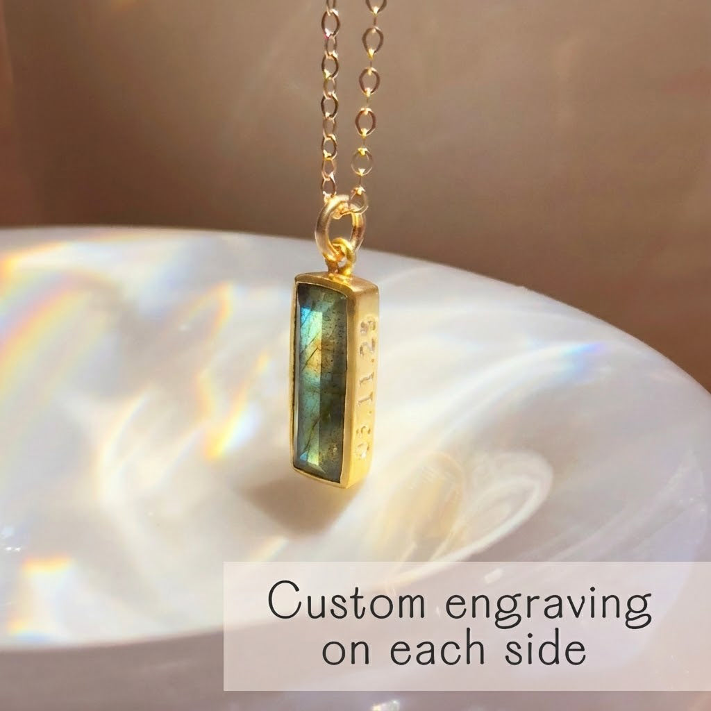 Engraved labradorite pendant necklace with blue flash gemstone, custom gold bar necklace for layering